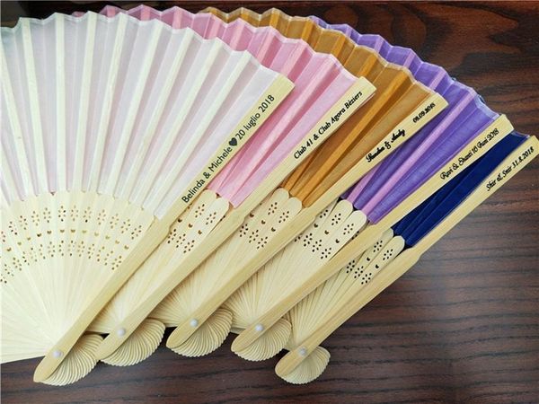 

50pcs wholesale mix color personalized printing/engrave logo on ribs wooden bamboo hand silk wedding fans+gift box ing