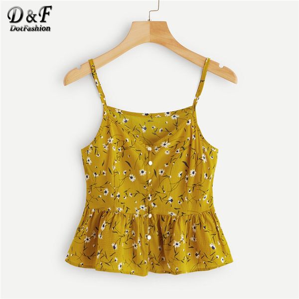 

dotfashion yellow calico print button through crop cami 2019 summer for women boho vest ladies young cute camisole, White