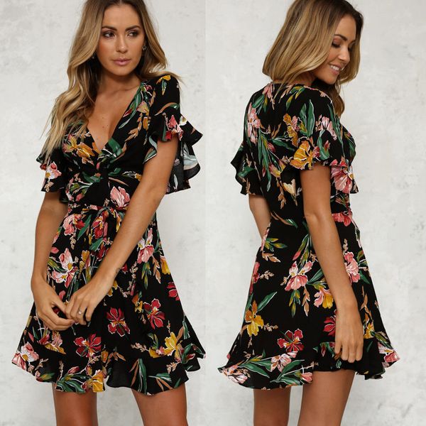 

women boho dress evening party dress v-neck short sleeve chiffon summer beach floral dresses sexy, Black;gray