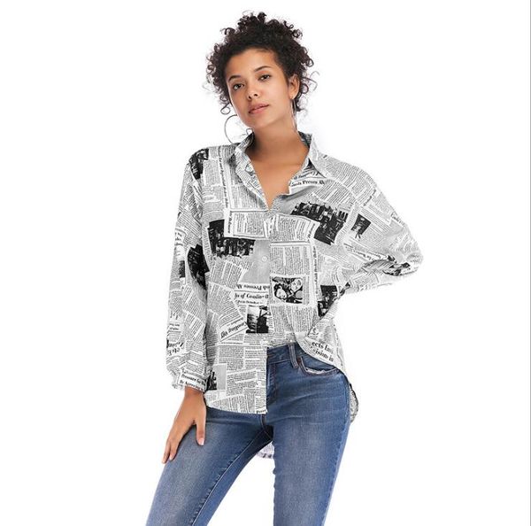 

fashion retro women letter printed newspaper pattern shirts modern design femme stylish long-sleeved summer autumn blouses, Black