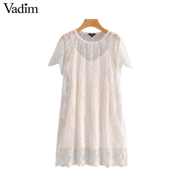 

vadim women sweet embroidery mini dress short sleeve two piece sets female casual mesh dresses solid chic vestidos qb398, Black;gray