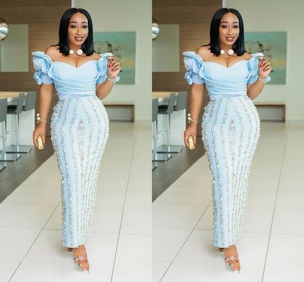 

new aso ebi sky blue prom dresses for women ankle length off shoulder short sleeves crystal beading sheath evening dress party gowns, Black