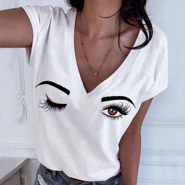 

v-neck t shirt for women beautiful eyes graphic women t-shirt casual short sleeve deep harajuku tee shirt camisetas mujer, White