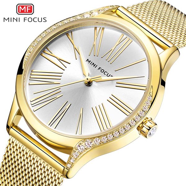 

women watches minifocus stainless steel rose gold mesh strap waterproof fashion casual quartz ladys wrist watch, Slivery;brown