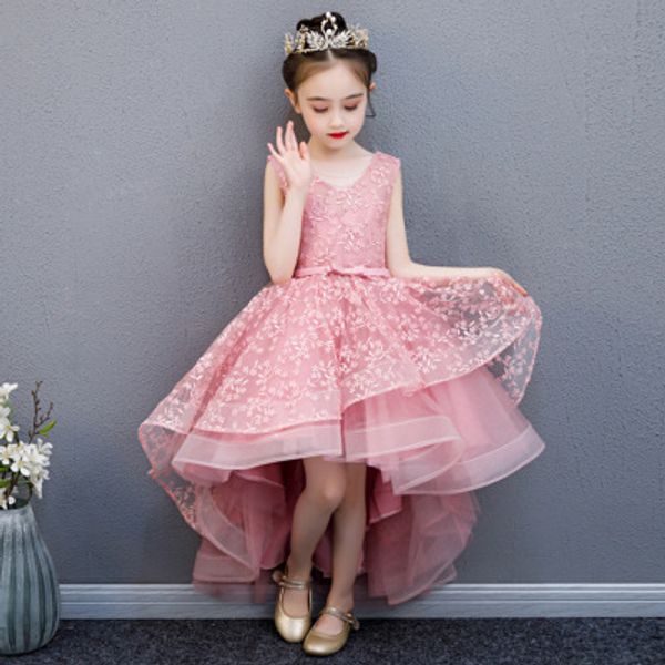 

2020 long sleeveless v collar front short back long simple good-looking fashion handiwork flower peng peng dress host girl piano performance, White;blue