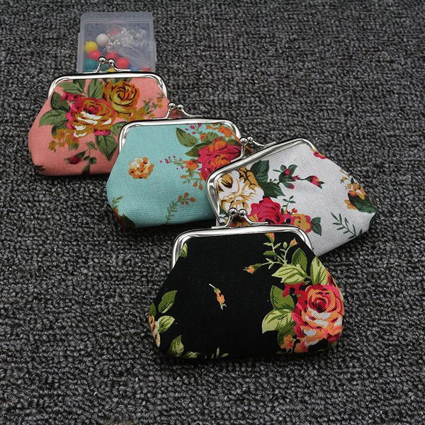 

women retro vintage flower printing coin purse cute wallet lady small wallet hasp purse handbag child girls cloth clutch bags, White