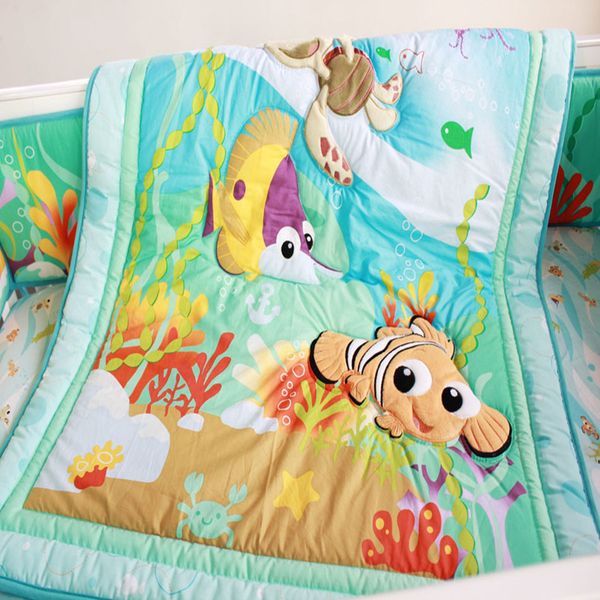 

new ins baby cot bedding set cotton 3d stereoscopic ocean fish hippocampus crib bedding set quilt bumper bed skirt fitted