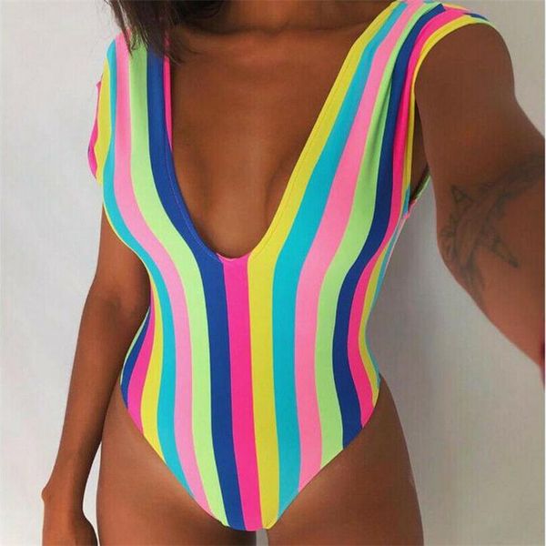 

2020 женщины sexy tight цельный полосатый радуга купальник монокини купальники бикини пляжная, White;black