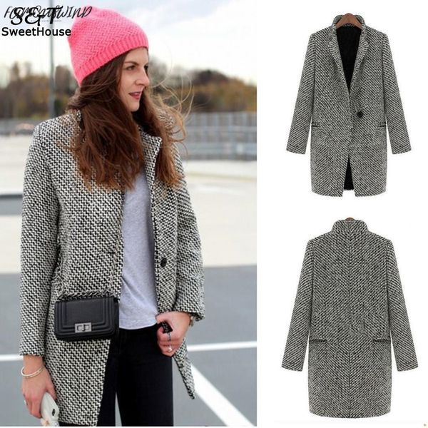 

manteau woman v-neck coat casual plaid femme hiver female jacket new wool coat manteau femme one button with pocket, Black