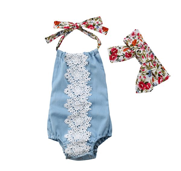 

lace floral infant newborn baby girl backless bodysuit jumpsuit halter summer one-pieces headband outfits, Blue