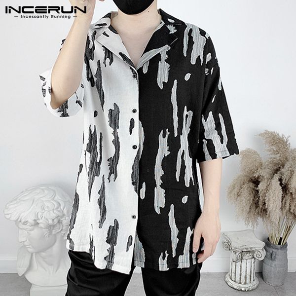 

summer men casual shirt printed patchwork loose 2020 lapel half sleeve high street fashion button oversized camisa incerun, White;black