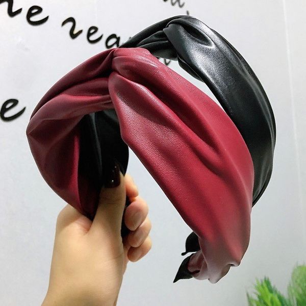 

korean fashion trendy pu leather headband wide crossing knot headbands simple face hairpin ladies hair hoop, Silver