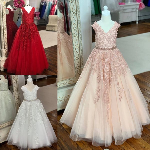 Weißes Erstkommunionkleid für kleine Mädchen 2019, berühmtes Designer-Ballkleid mit V-Ausschnitt, errötendes Rot, Kinderfestzugkleid, Spitze, lange Blumenmädchenkleider