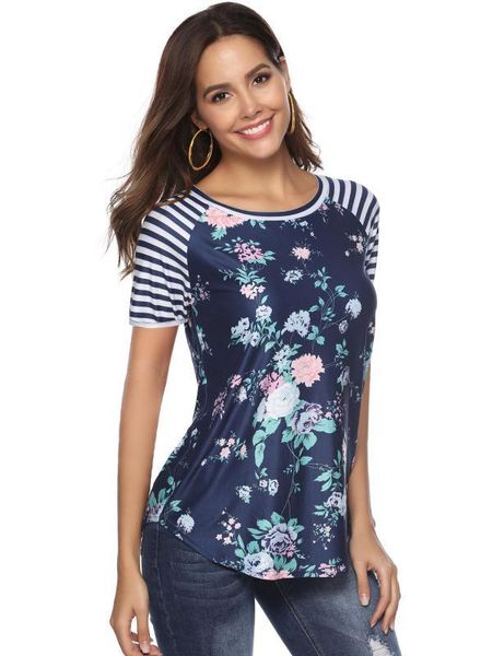 

for womens summer girl clothing crew neck panelled short sleeve summer designer shirt floral printed t-shirt, White