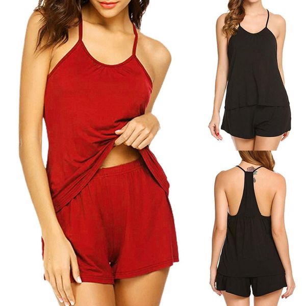 

women's short pajama set tank bottom pajama nightwear shorts nightgown underwear ladies sleepwear set homewear nighty fn70, Black;red