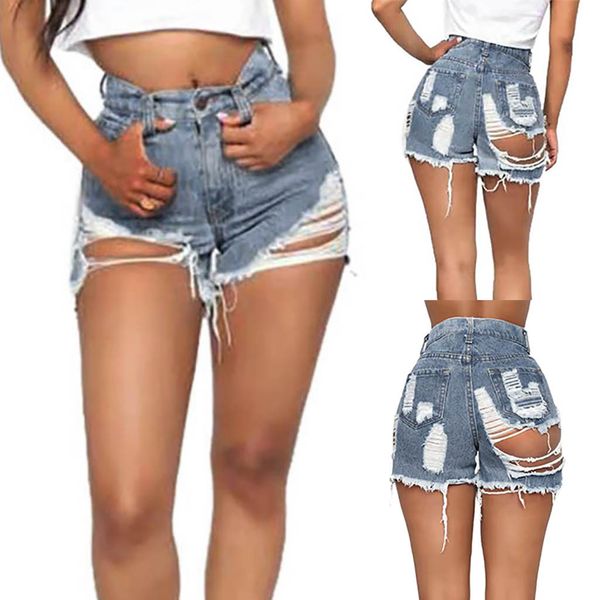 

women ladies mid waist hole jeans skinny bandage pants short denim, Blue