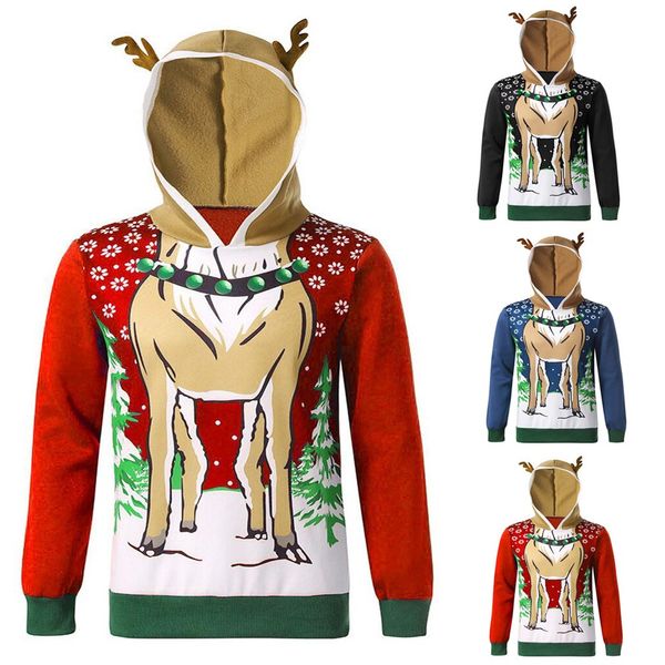 

men's christmas plush panel fawn long sleeve hoodie fashion print blouse, White;black