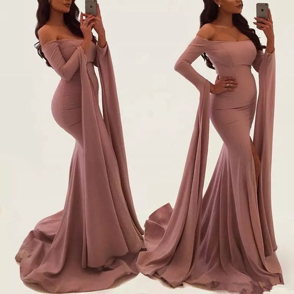 

2019 Dusty Rose розовый с плеча Русалка Пром платья Длинные рукава Ленты Elegant Scoop арабски