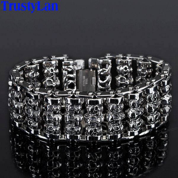 

solid stainless steel gothic style skull man bracelet male punk rock skeleton biker massive jewelry friendship mens bracelets, Golden;silver