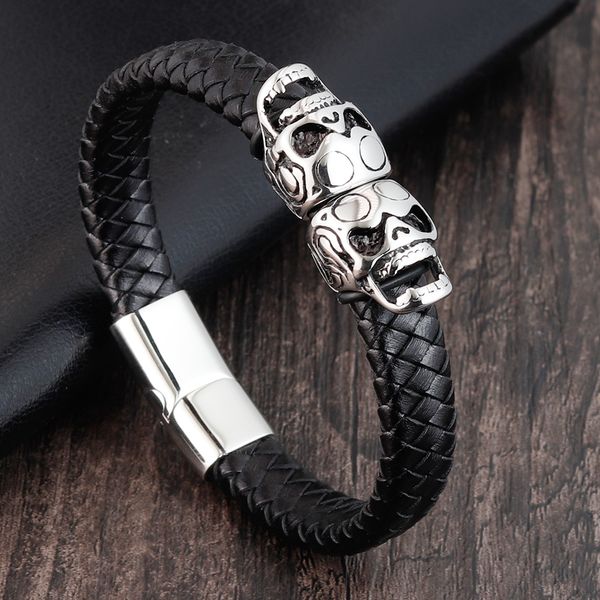 

stainless steel leather bracelets & bangles double black layers cowhide braid rope gothic skull skeleton men jewelry, Golden;silver