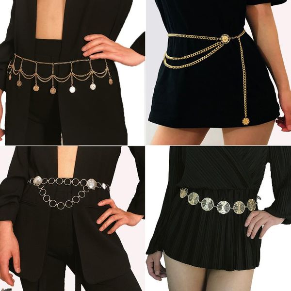 

retro female body chain personality simple aluminum waist chain belt punk gold belt, Black;brown