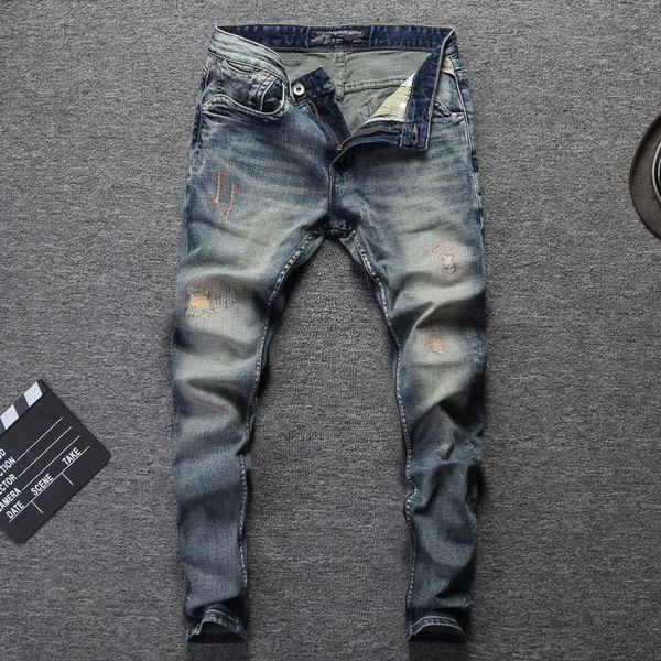 

fashion designer men jeans slim fit blue color cotton denim pants ripped jeans for men patch design classical homme