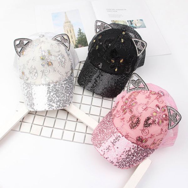 

girls 2020 summer accessories bling b11 sun hats baby cap baseball caps for baby mesh hat ear kids rabbit sequins sriac, White;black