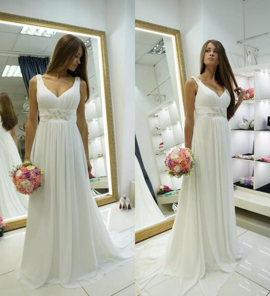 

2019 chiffon plus size wedding dresses v neck sash crystal a line sweep train beach wedding dress custom made chic bridal gowns, White