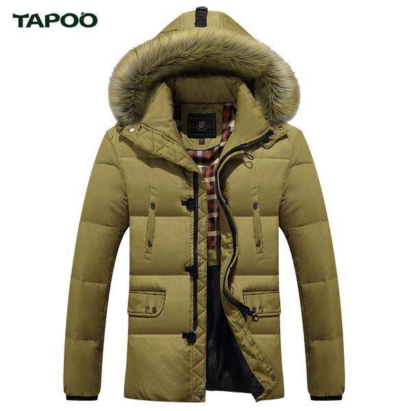 

tapoo men's winter thick down jacket fur hooded solid color zipper button design plus size m-3xl mwy242, Black