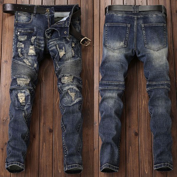 

balplein brand mens jeans high street fashion motorcycle ripped jeans homme punk stylish destroyed biker men dropshipping, Blue