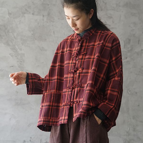 

scuwlinen women autumn winter jacket 2019 retro classic plaid plate buttons loose wool p157, Black