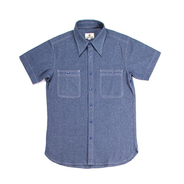 

repro us navy vintage chambray shirts short sleeve men's workwear light blue, White;black