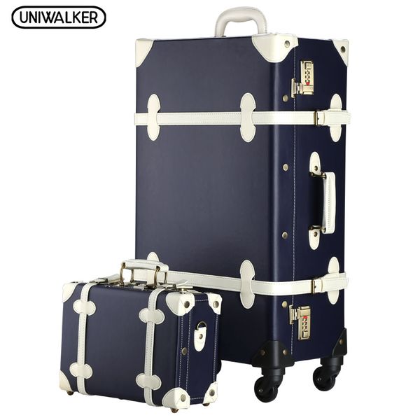 

2pcs/set vintage pu travel luggage,12" 20" 22" 24" 26" retro trolley suitcase bags with spinner wheel with combinat