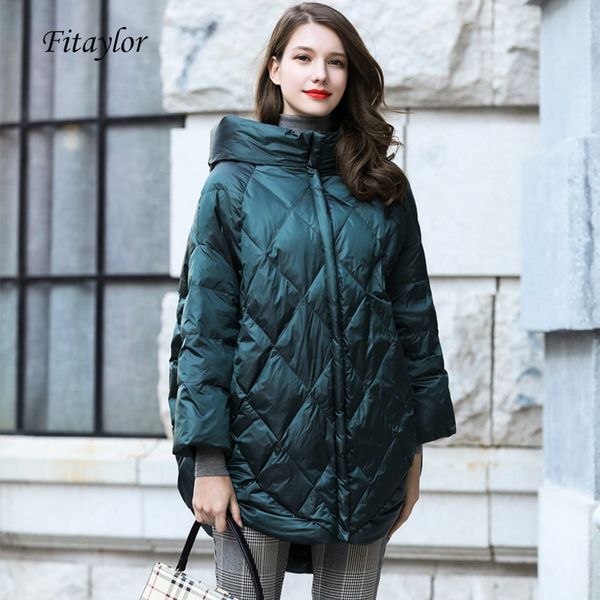 

fitaylor winter women 90% down coat loose fit ultra light warm parkas batwing sleeve snow hooded outwear, Black