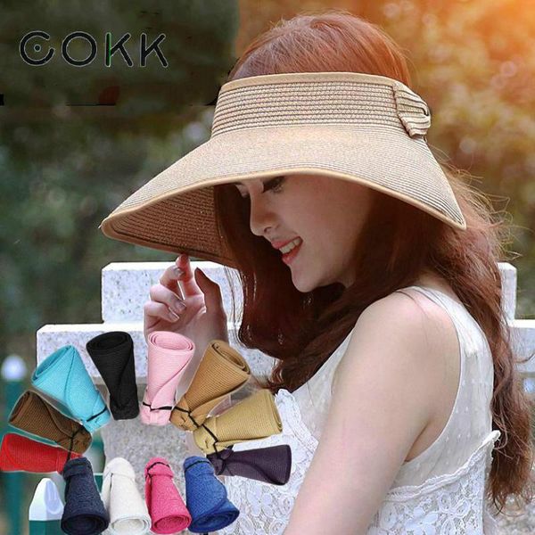 

cokk brand new spring summer visors cap foldable wide large brim sun hat beach hats for women straw hat wholesale chapeau, Blue;gray