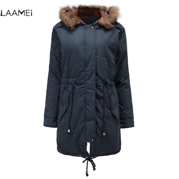 

laamei women warm fashion parkas outerwear winter women new coat fur collar hooded long section large size slim windproof coat, Black