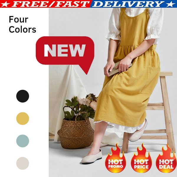 

2019 new women cotton linen bib apron sleeveless pinafore home cooking florist dress