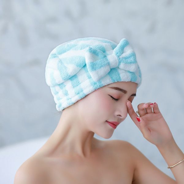 

elastic hair drying cap with bow thickening cation coral fleece super absorbent hair wrap towel after shower hat
