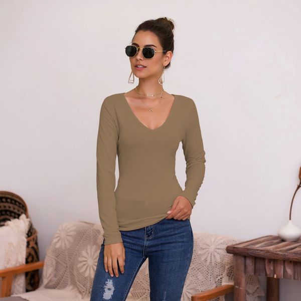 

women's fashion autumn winter casual v-neck slim fit long sleeve solid color ladies, White