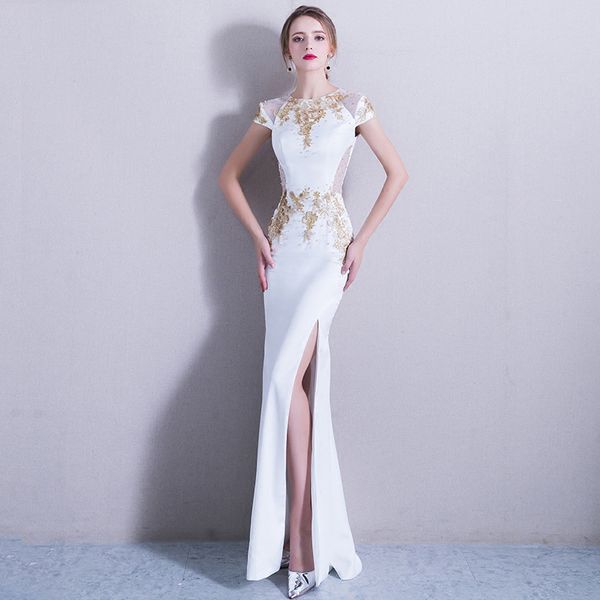 

white mermaid chinese oriental party female embroidery cheongsam stage show qipao dress elegant celebrity banquet dresses, Red