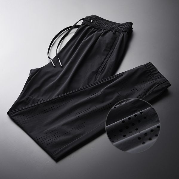 

men's pants minglu summer mens ventilated hollow solid color drawstring male plus size 4xl elastic waist slim man trouser, Black