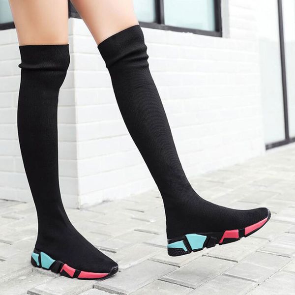 

elastic over the knee boots women socks black boots long thigh high slim knitting sneakers platform long shoes