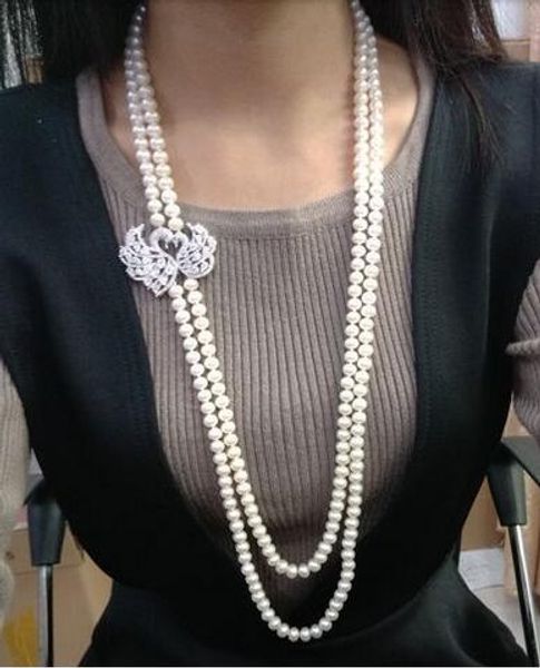 

double strands 9-10mm white round pearl necklace 24 "26", Silver