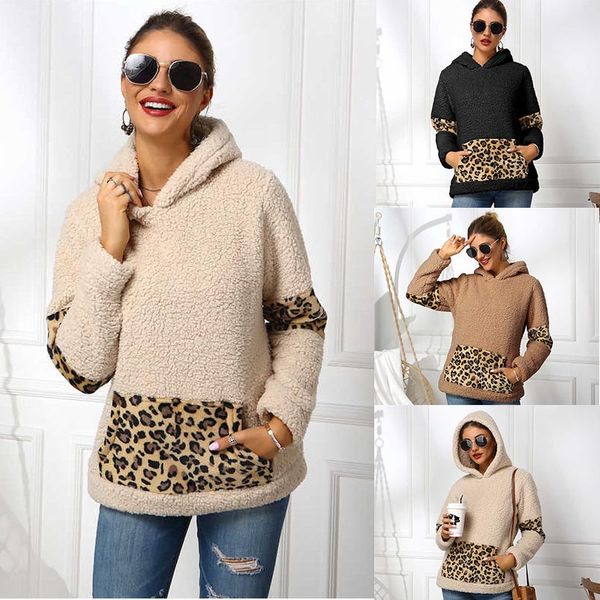 

женщины моды thicked рубашки леопард осень теплая с капюшоном толстовка ягненка кашемир / кенгуру карман outwear женский повседневный winter, Black