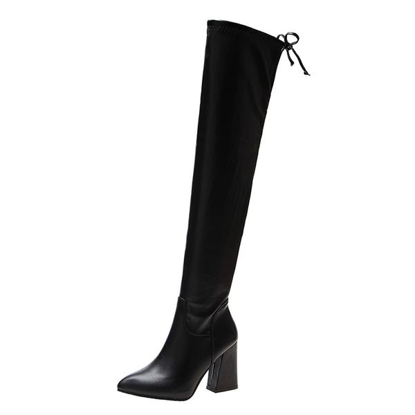 

women's over-the-knee boots lady autumn winter shoes female footwear pointed high heel shoes cross lace-up stretch boots, Black