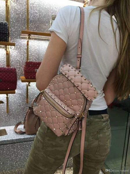 

new coupleÂ backbag fashion show full start diamond lattice sheep skin genuineÂ leatherÂ menÂ womenÂ schoolÂ bagÂ travelÂ backpack dot rivet 17cm