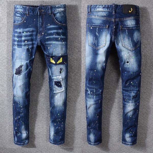 

fending men jeans новые дизайнерские джинсы мужские узкие с тонким эластичным джинсовой модой джинсы велосипеда мужские брюки ripped hole je, Blue