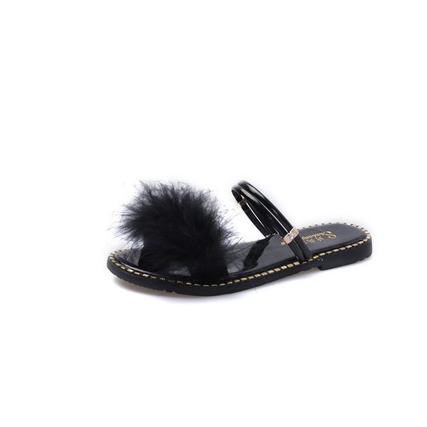 

cross border slippers women wear new ostrich hair outside in summer, Black