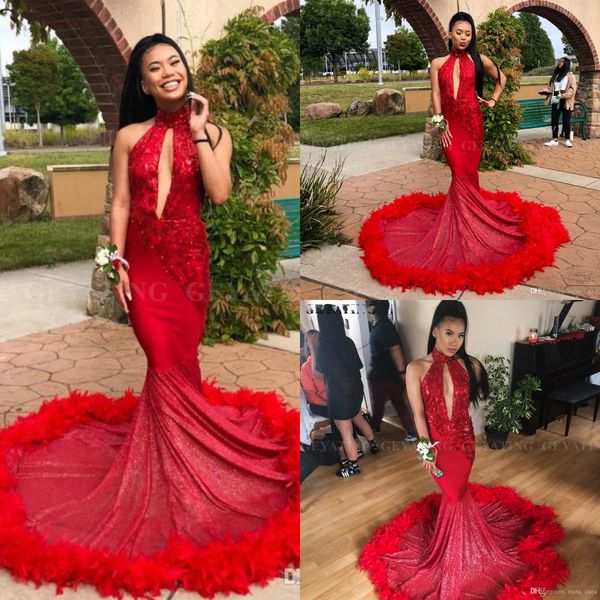 

2019 mermaid prom dress long train red feather sparkly sequins appliques high neck evening gowns african graduation party dresses, Black