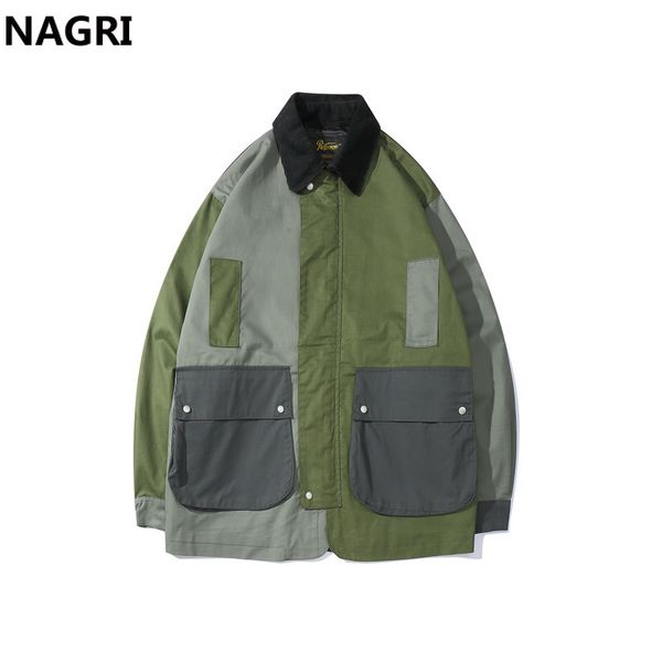 

2019 streetwear jacket coat men pocket block color corduroy collar hip hop harajuku japan windbreaker men casual vintage jacket, Black;brown
